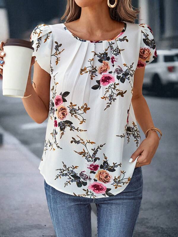 Print Pleated Sleeve Blouse