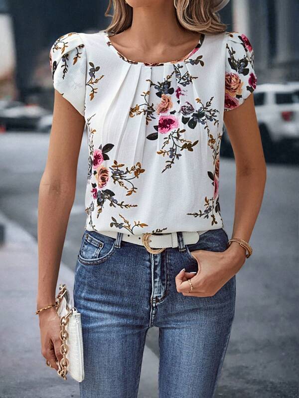 Print Pleated Sleeve Blouse