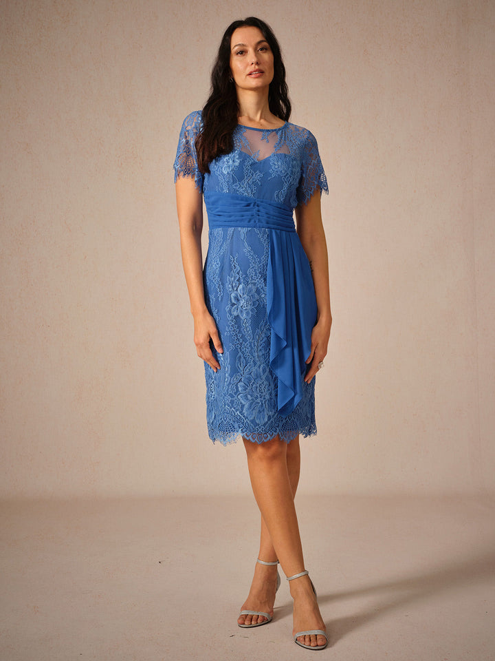 Blue Ruched Lace Midi Dress