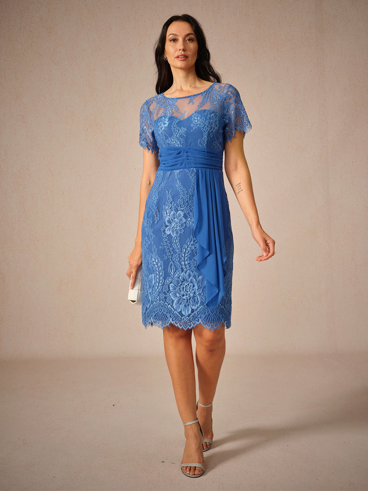 Blue Ruched Lace Midi Dress