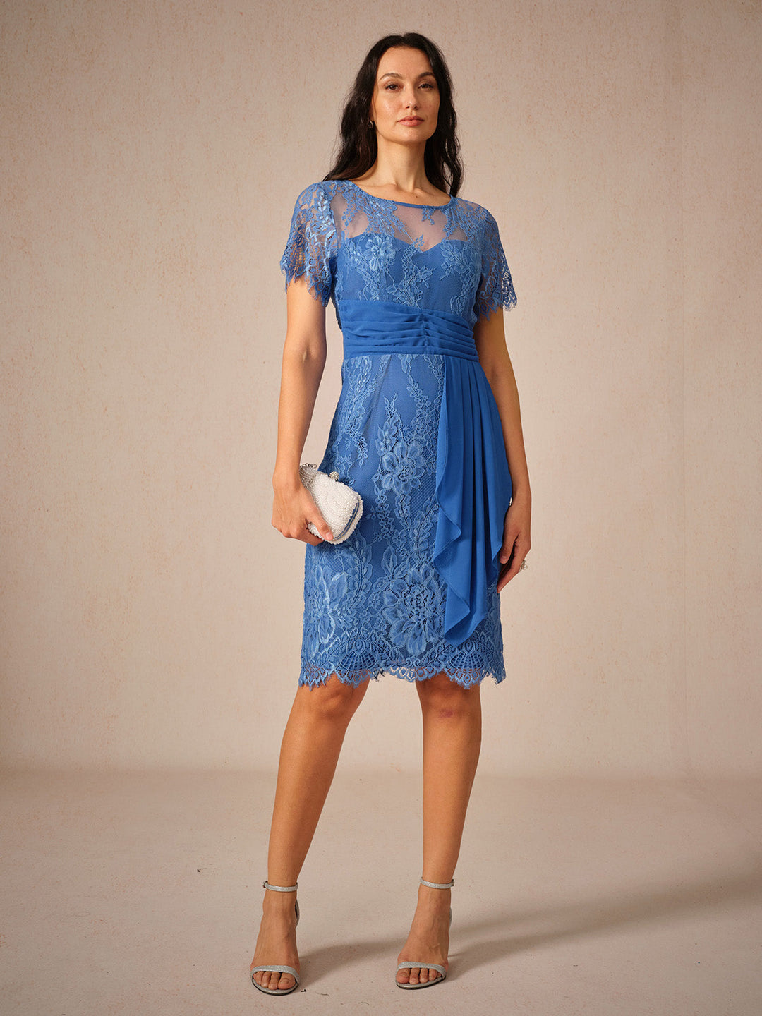 Blue Ruched Lace Midi Dress