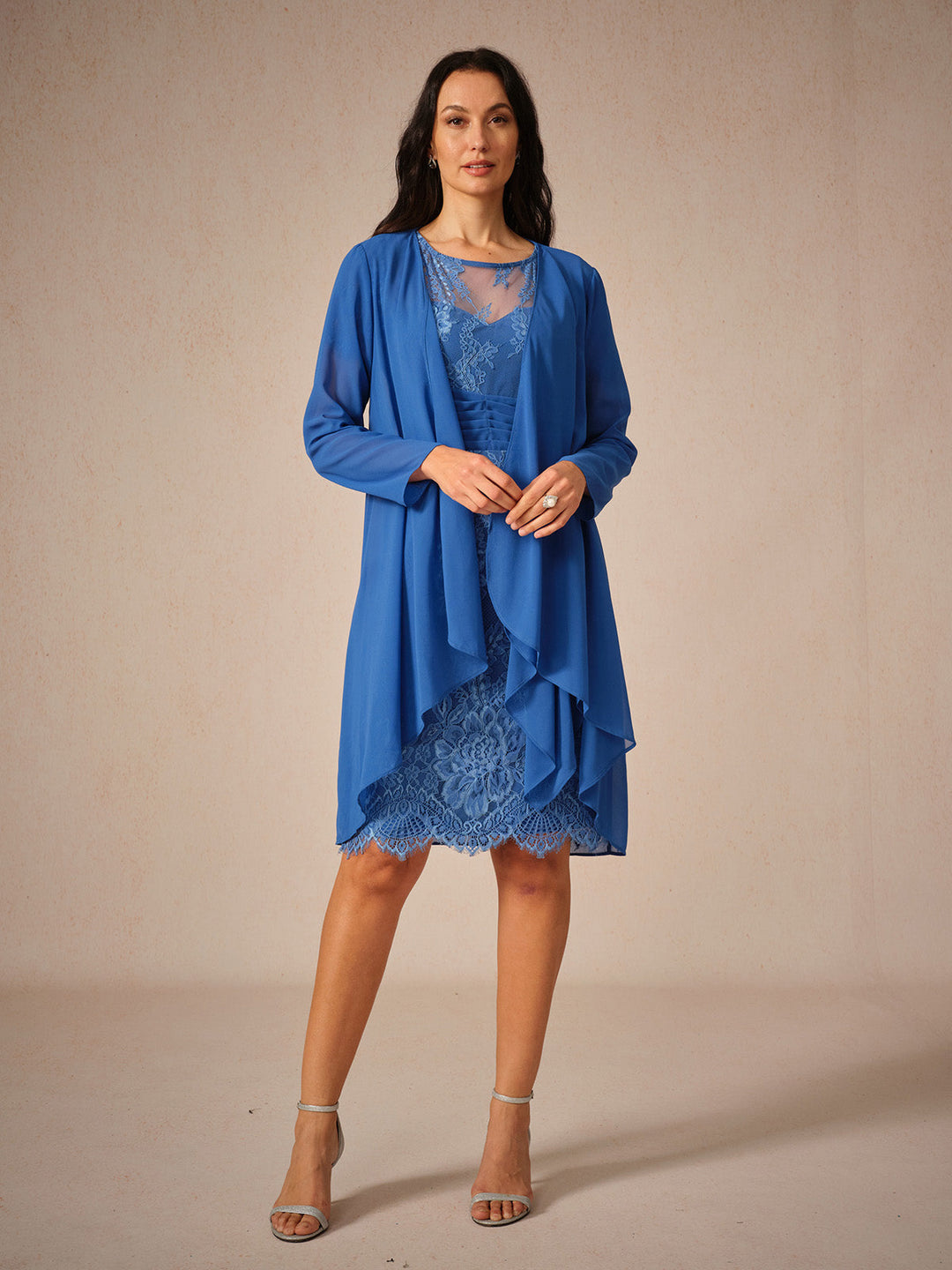 Blue Ruched Lace Midi Dress