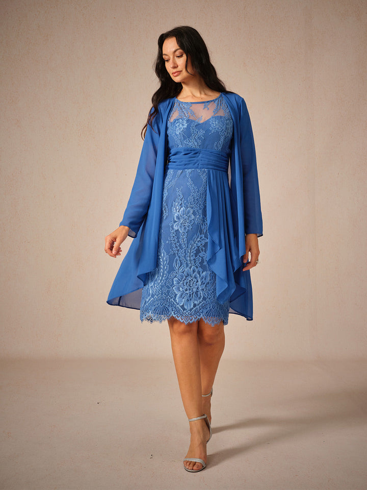 Blue Ruched Lace Midi Dress