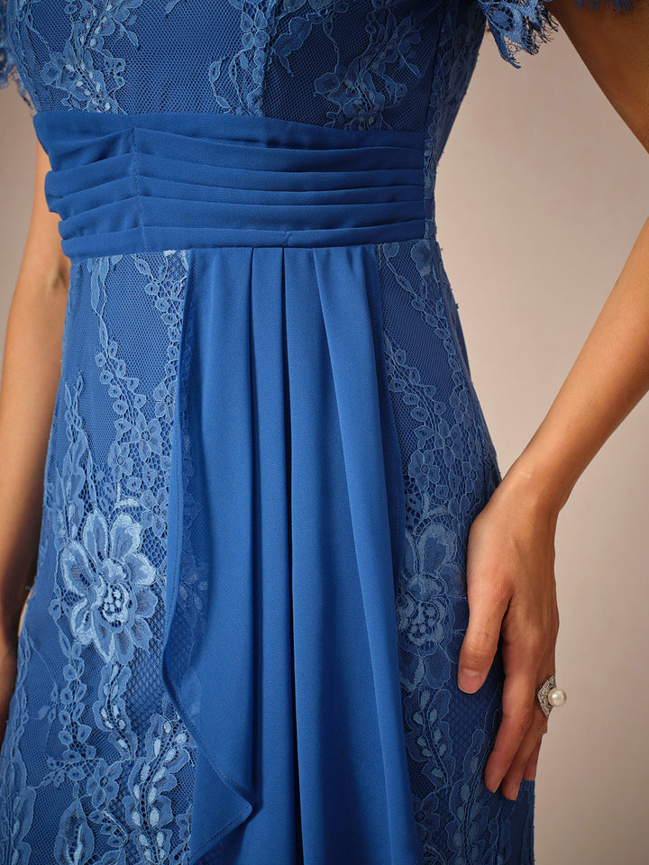 Blue Ruched Lace Midi Dress