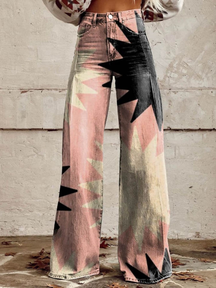 Aria Vintage Flared Pants – Geometric Patterns, Modern Chic