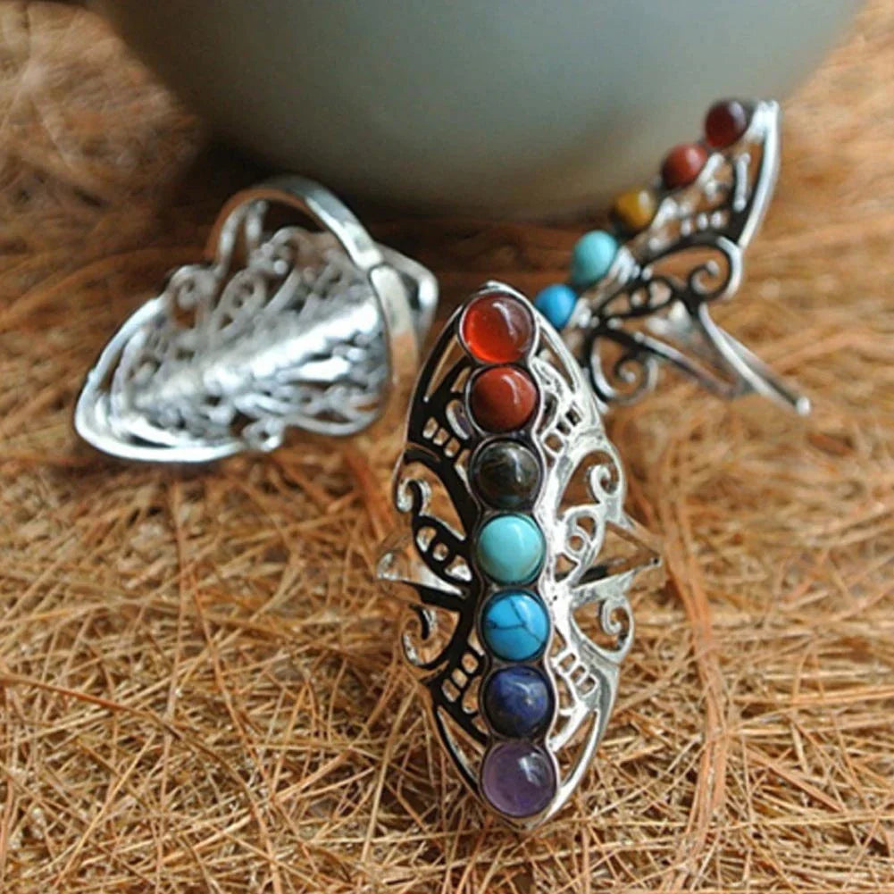 Adjustable Boho Ring with Natural Stones in Silver