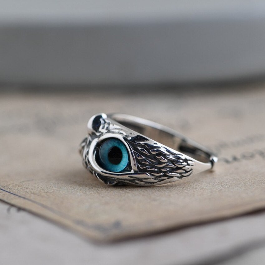 Adjustable Lucky Owl Ring in Silver and Opal