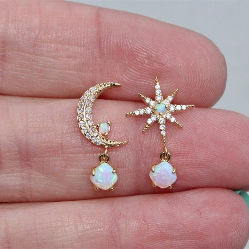 Opal and Gold Earrings Moon and Star