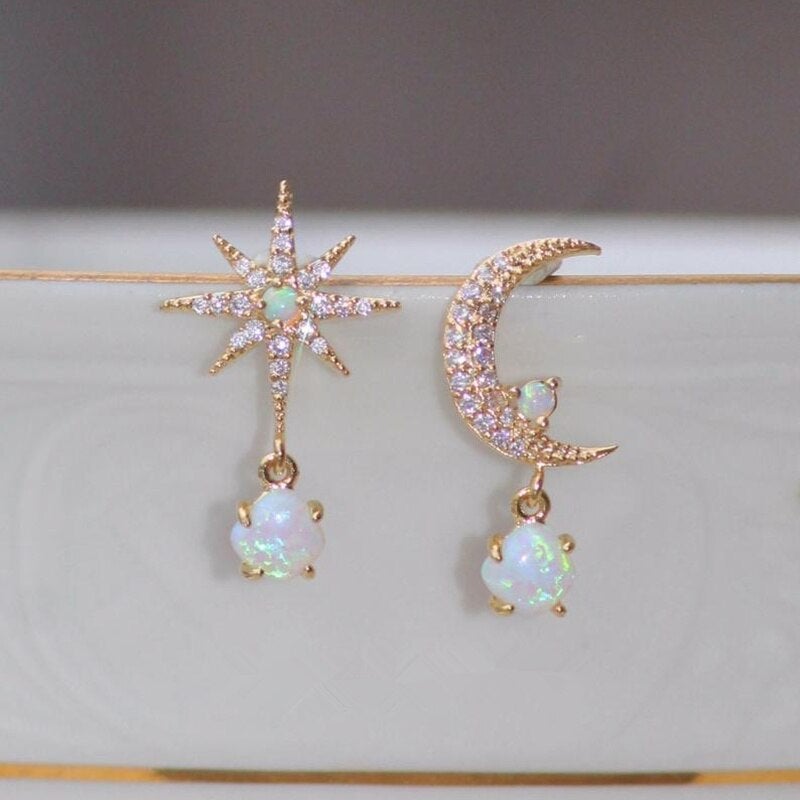 Opal and Gold Earrings Moon and Star