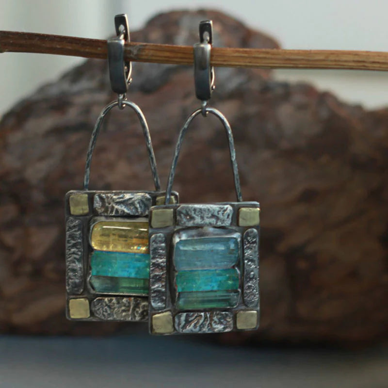 Blue Green Crystal Stone Earrings