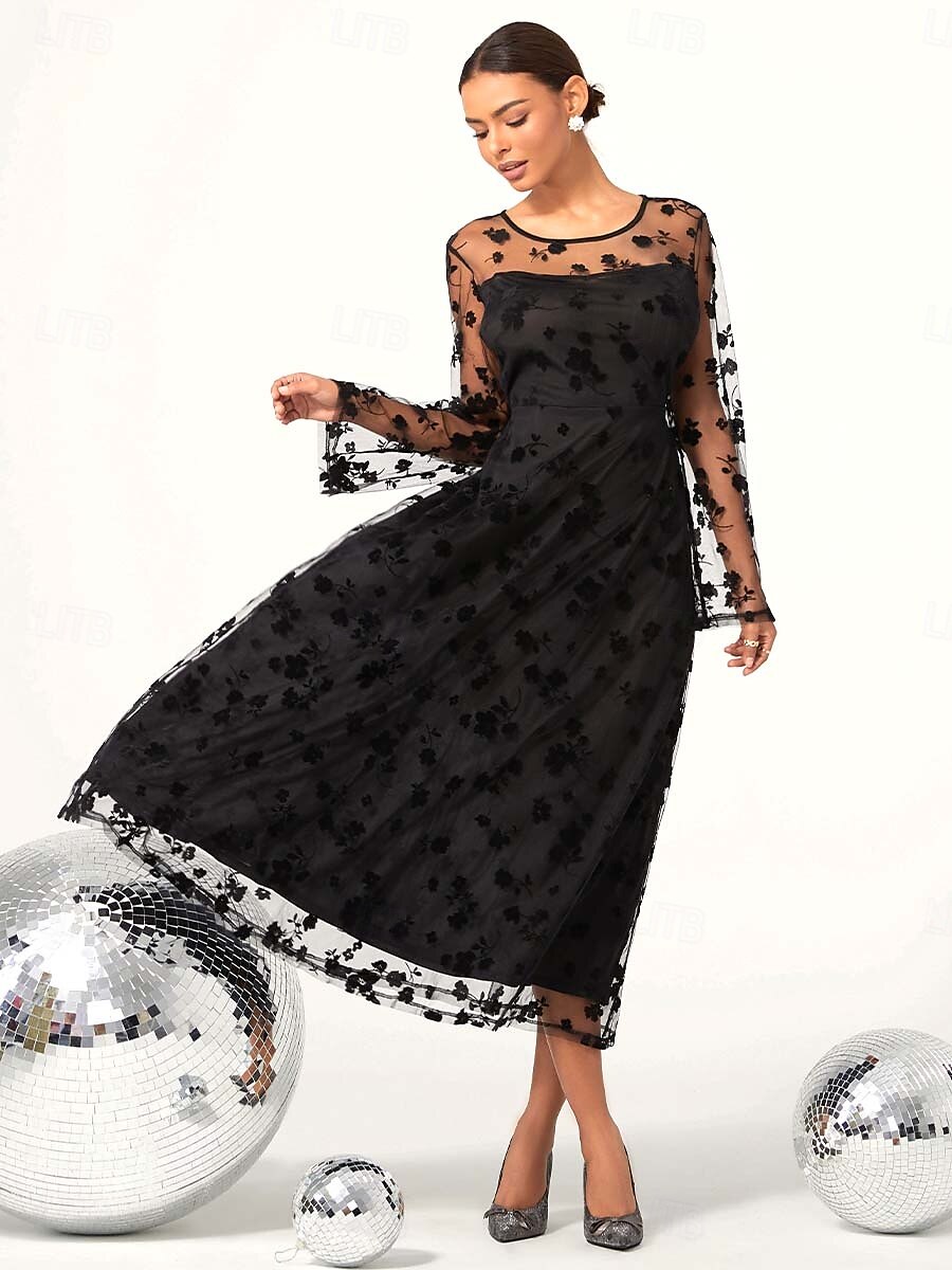 Black Floral Lace Sheer Sleeve Dress