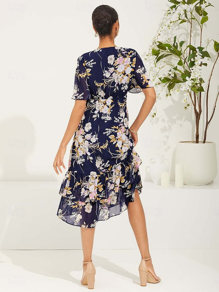 Floral Chiffon V Neck Ruffle Midi Dress