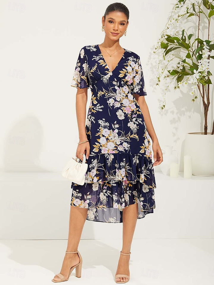 Floral Chiffon V Neck Ruffle Midi Dress