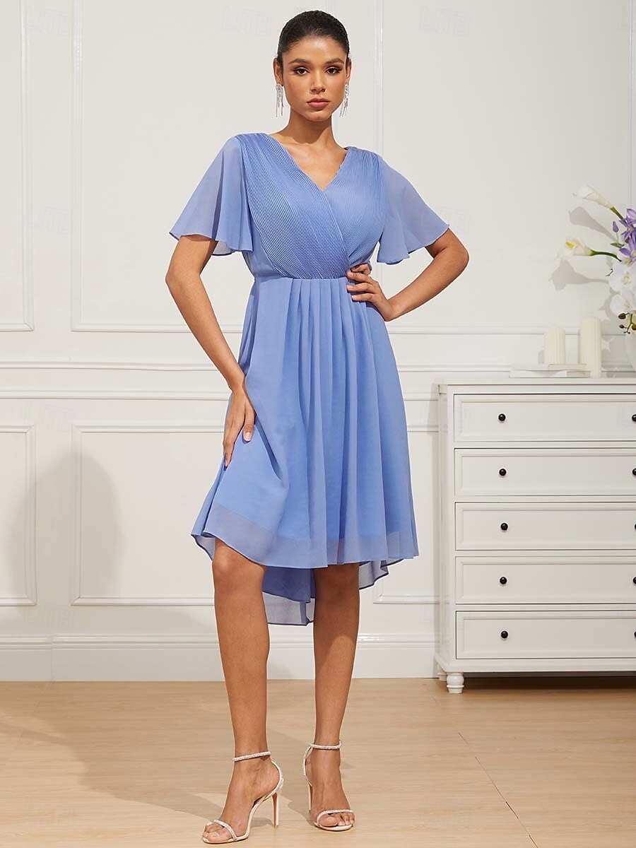 Chiffon Midi Dress V Neck Ruched