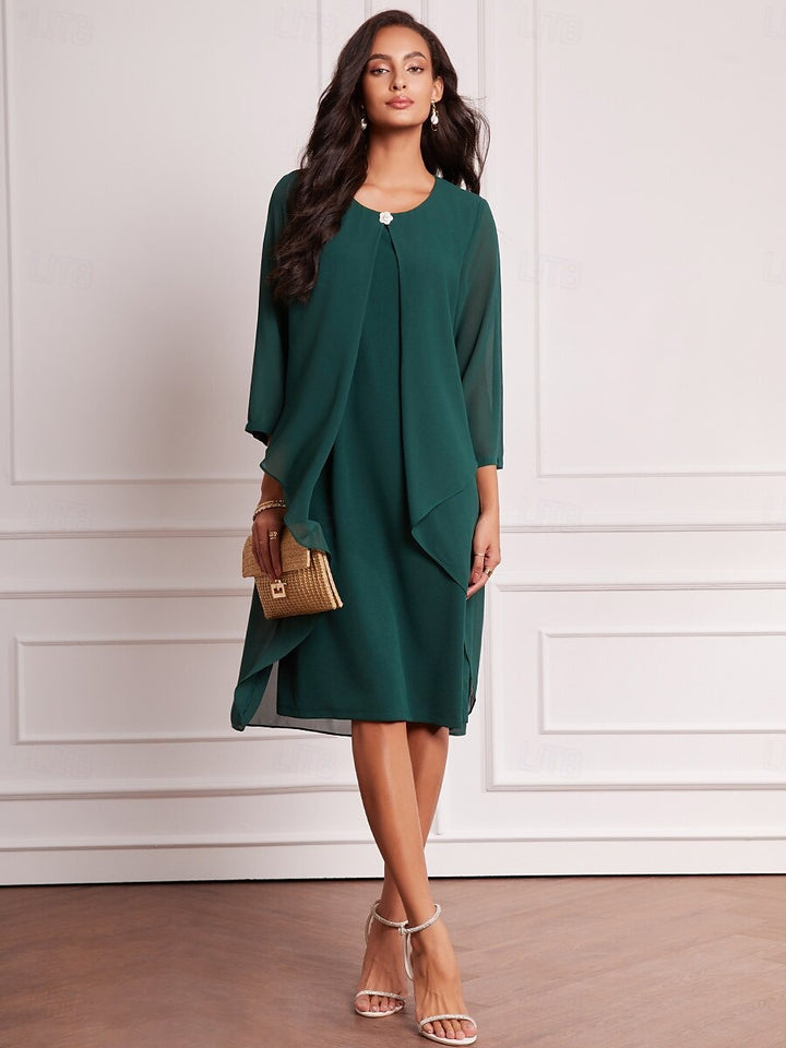 Green Layered Cape Sleeve Chiffon Dress