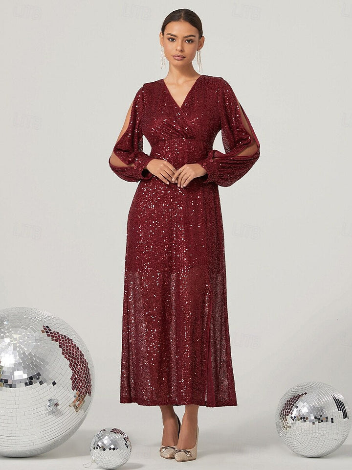 Wine Sequined Split Thigh Maxi Dress