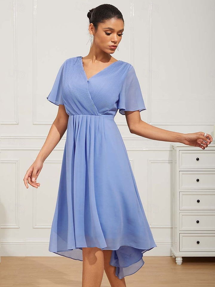 Chiffon Midi Dress V Neck Ruched