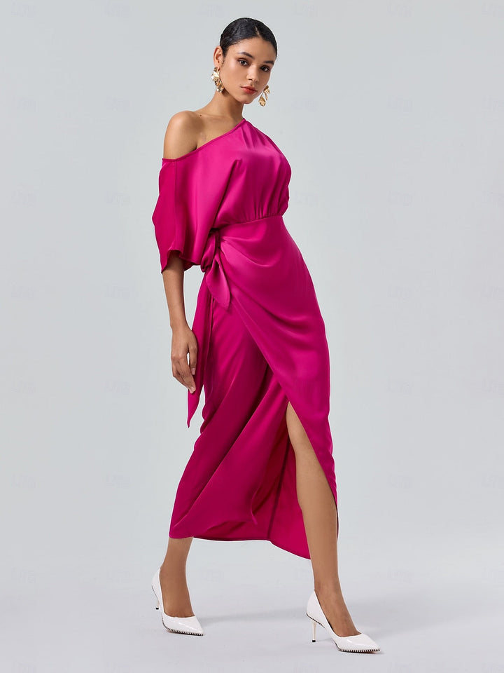 Satin Knotted Wrap Drop Shoulder Maxi Dress