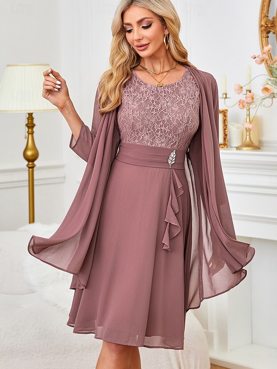 Gray Pink Lace Patchwork Chiffon Midi Dress