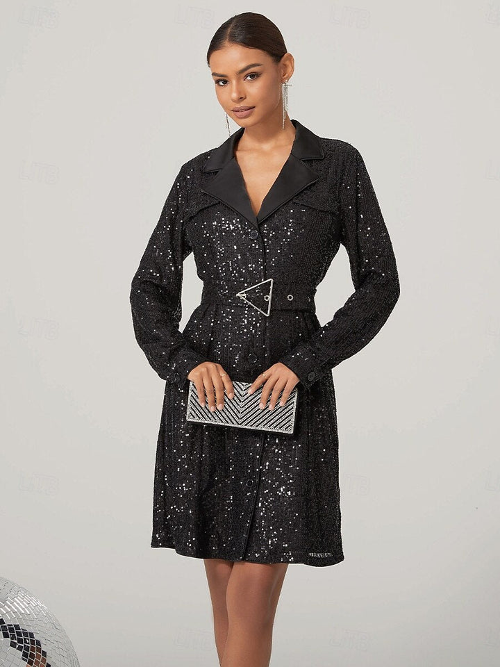 Black Sequined Shirt Collar Mini Dress