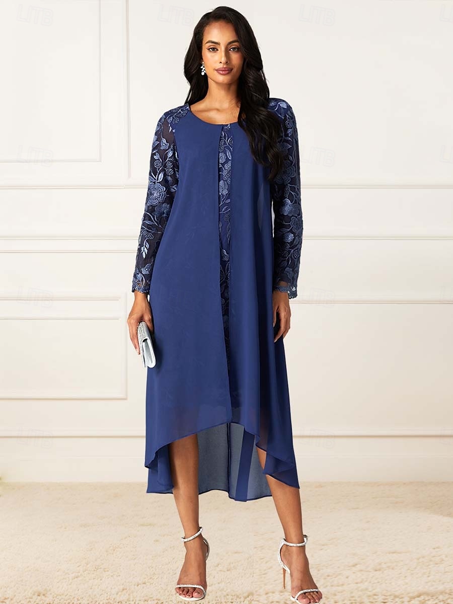 Blue Lace Chiffon Party Dress