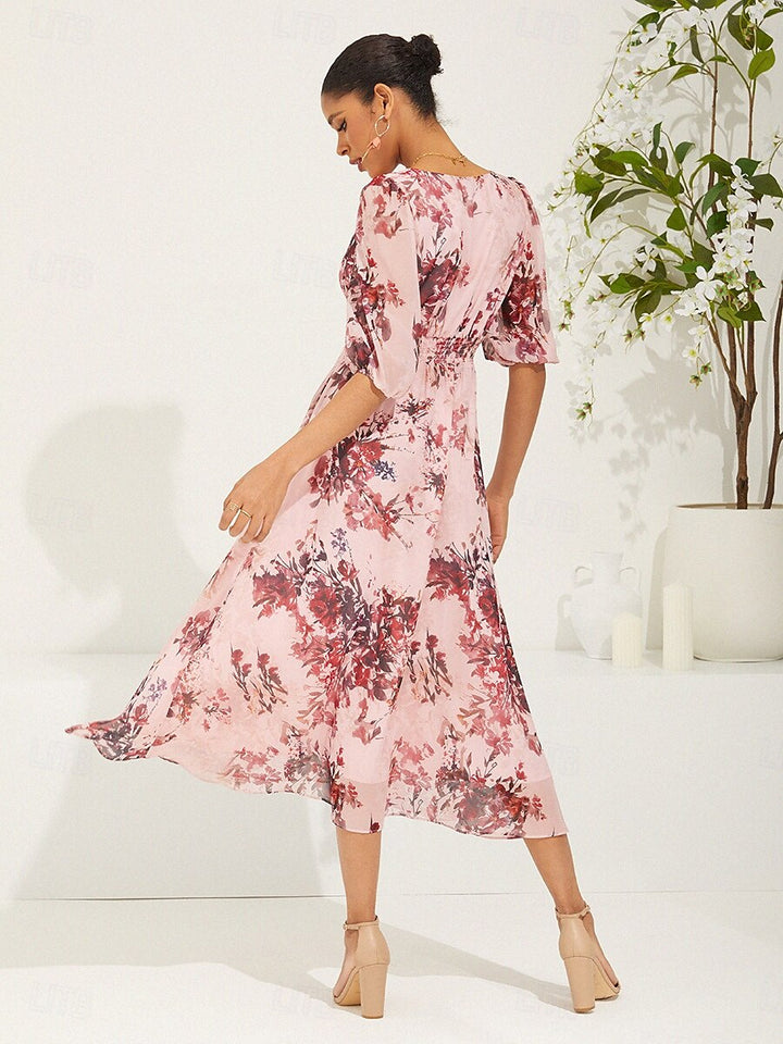 Puff Sleeve Floral Pink Chiffon Dress