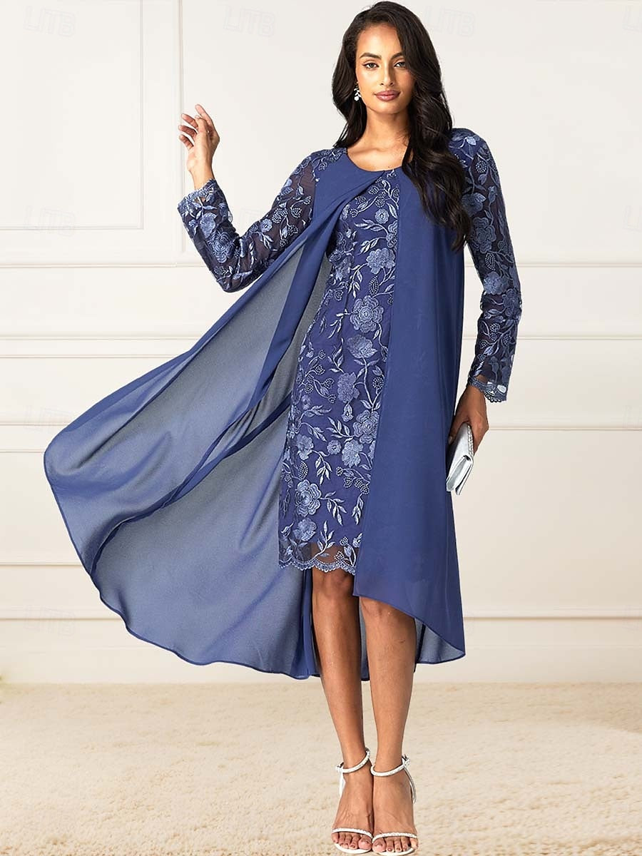 Blue Lace Chiffon Party Dress