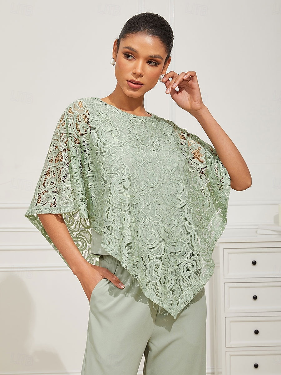 Lace Patchwork Half Sleeve Crew Neck Blouse