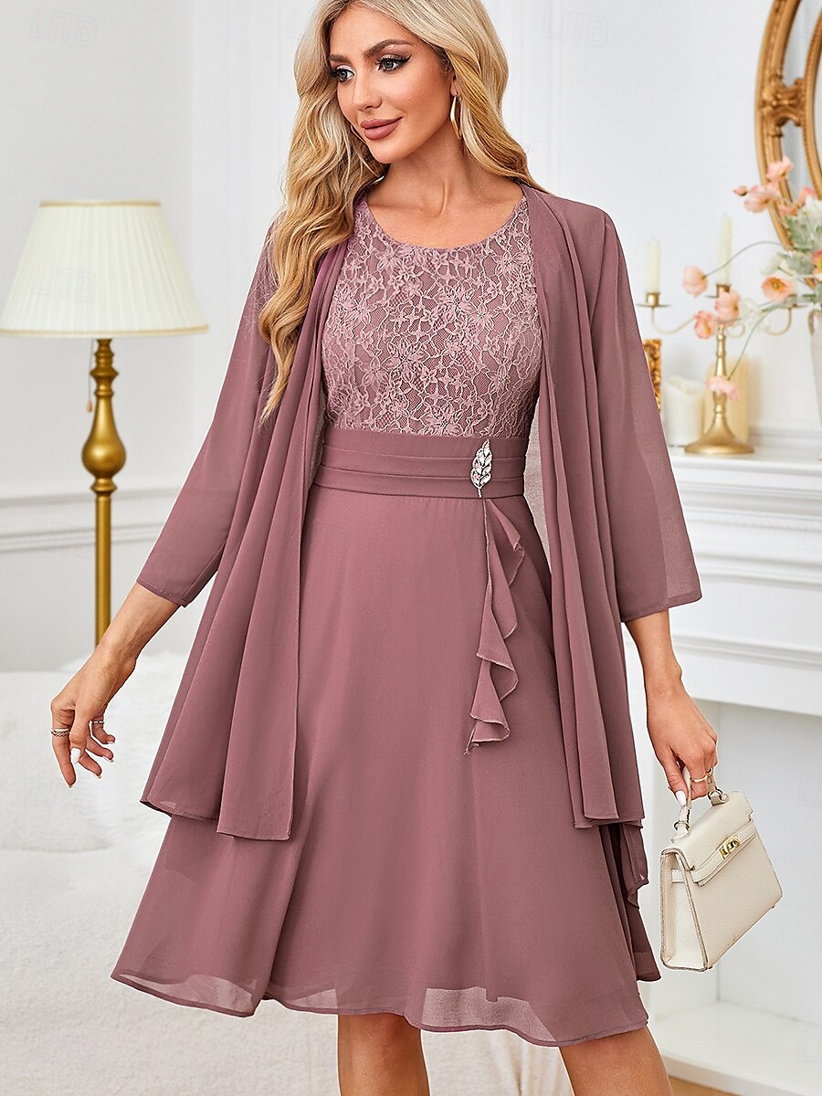 Gray Pink Lace Patchwork Chiffon Midi Dress