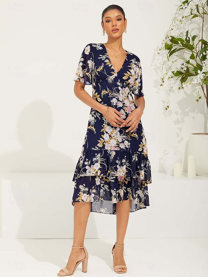 Floral Chiffon V Neck Ruffle Midi Dress