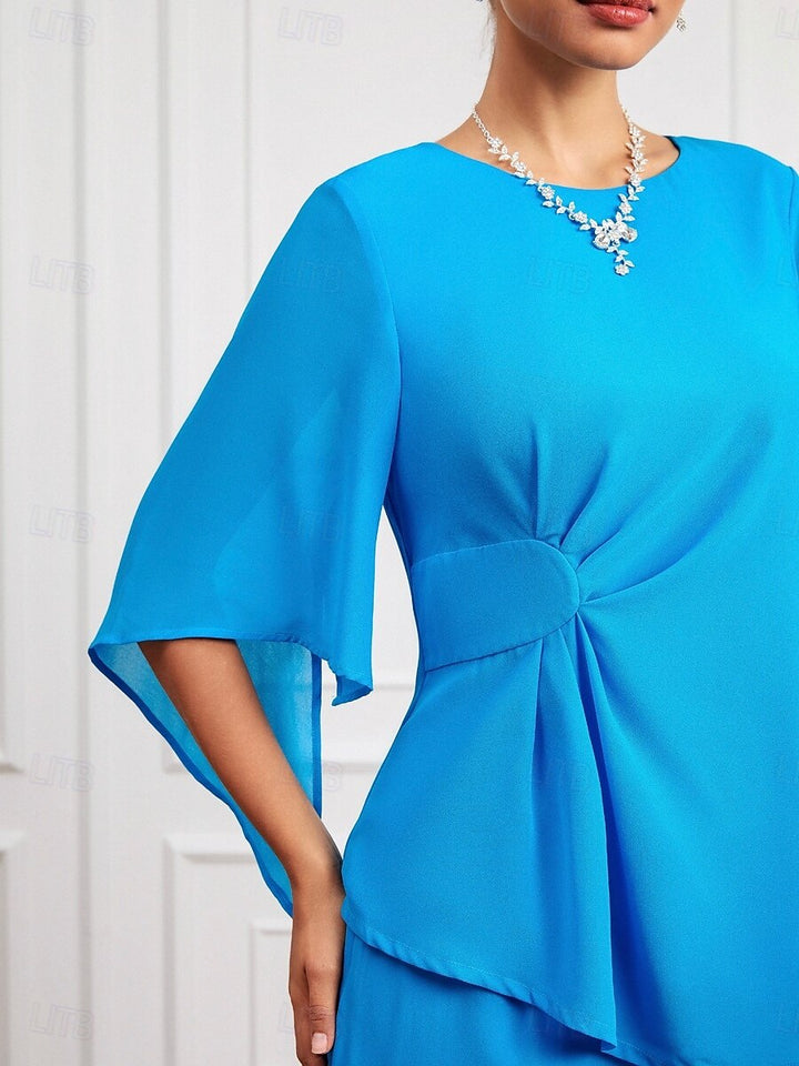 Blue Ruched Crew Neck Two-piece Set