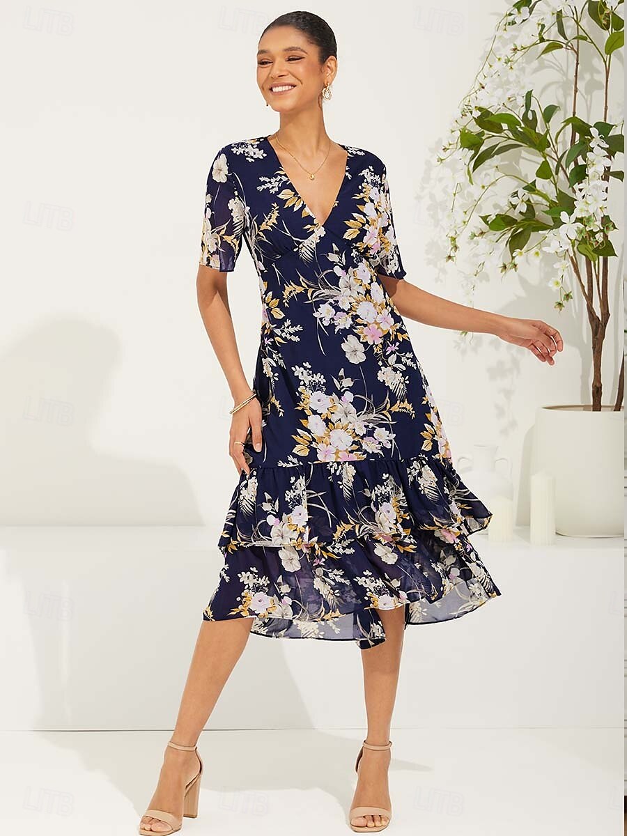 Floral Chiffon V Neck Ruffle Midi Dress