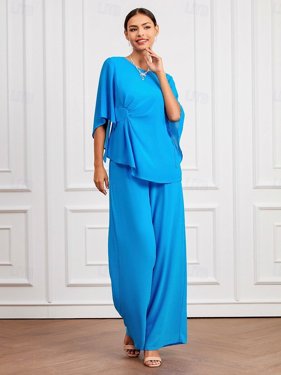 Blue Ruched Crew Neck Two-piece Set