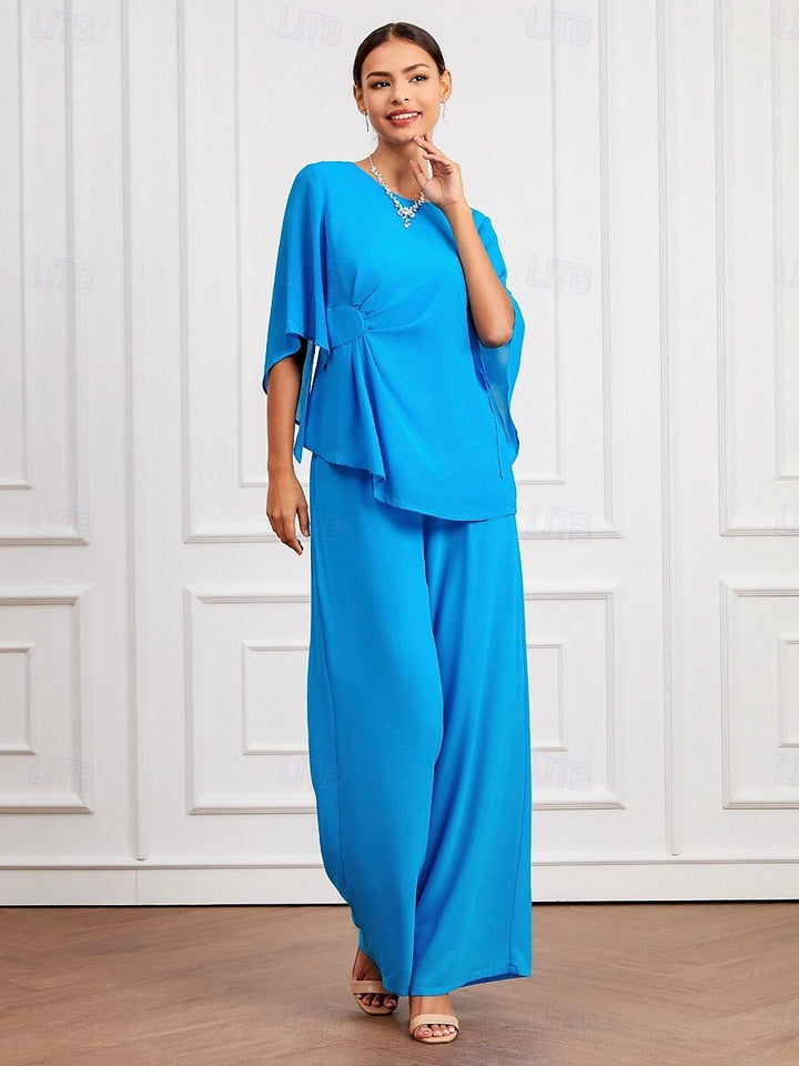 Blue Ruched Crew Neck Two-piece Set