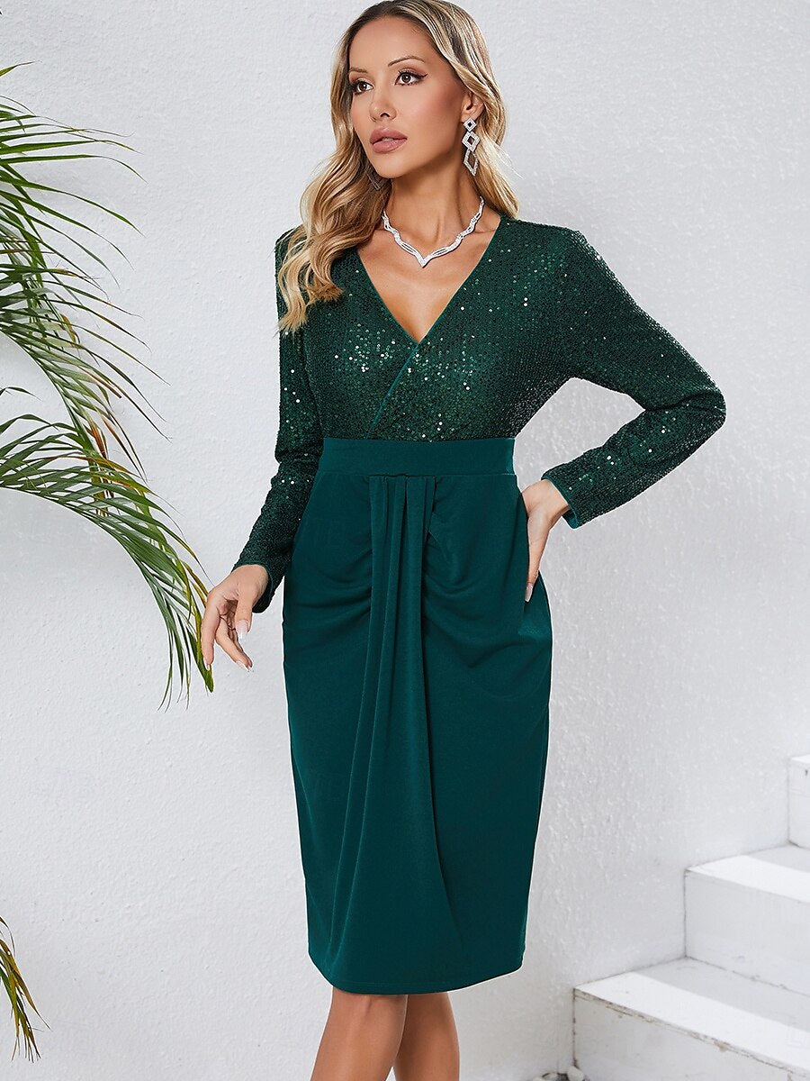 Crew Neck Sequin Patchwork Midi Dress