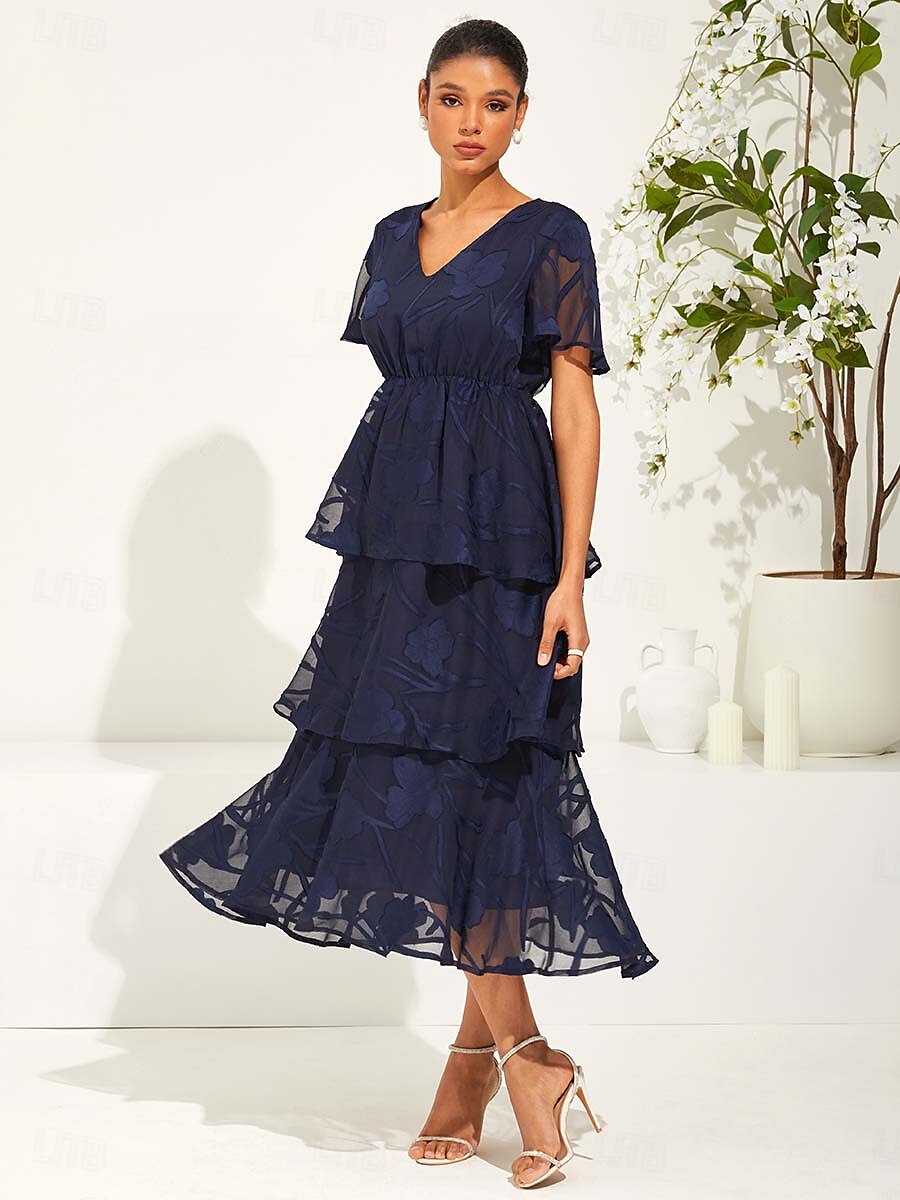 Lace V Neck Ruffle Flutter Dress