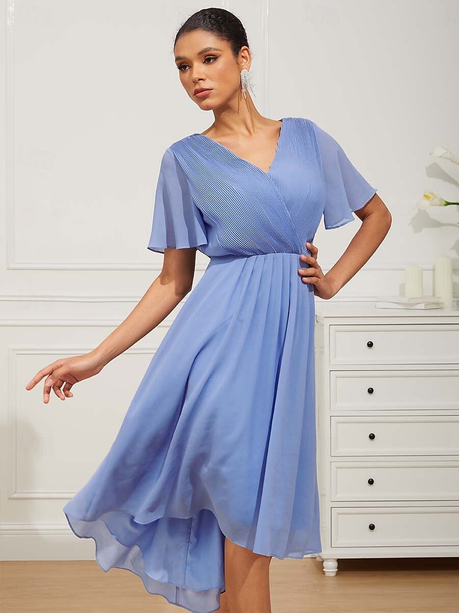 Chiffon Midi Dress V Neck Ruched