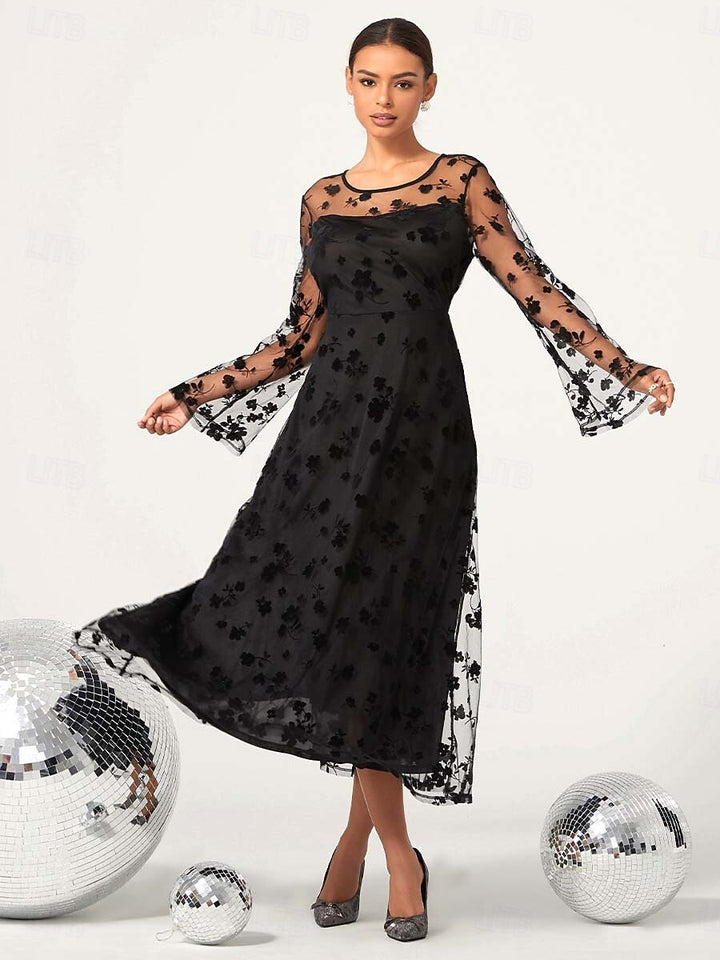 Black Floral Lace Sheer Sleeve Dress