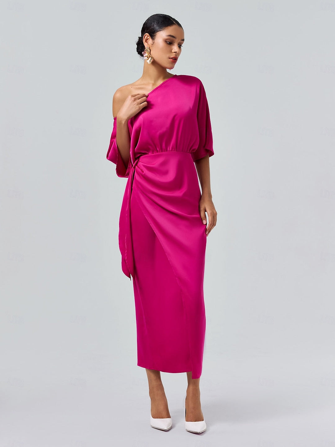 Satin Knotted Wrap Drop Shoulder Maxi Dress