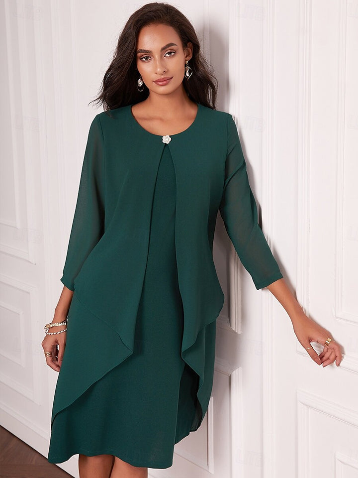 Green Layered Cape Sleeve Chiffon Dress