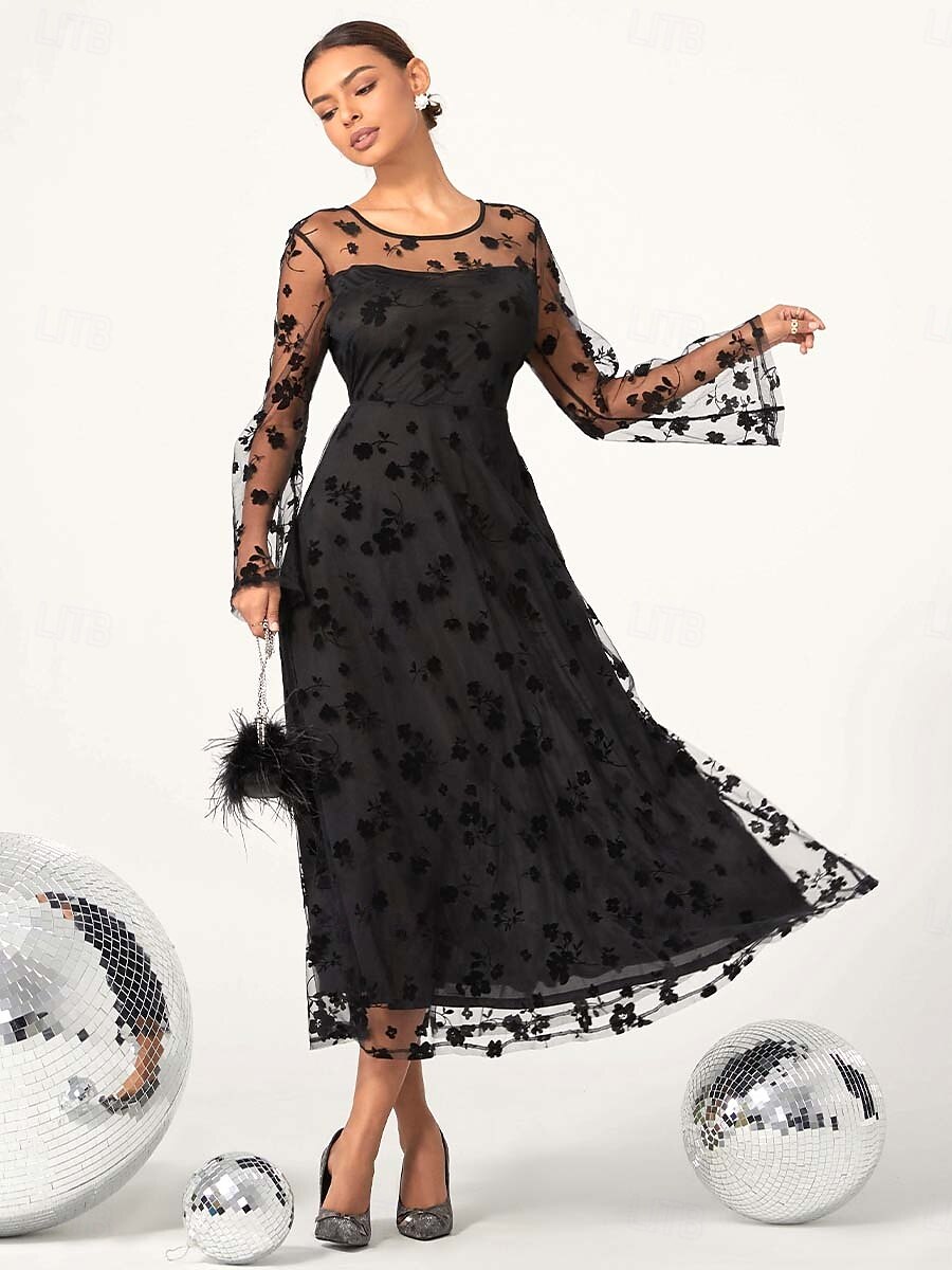 Black Floral Lace Sheer Sleeve Dress