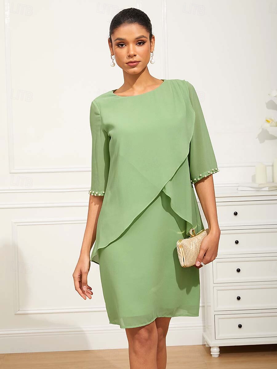 Asymmetrical Hem Crew Neck Chiffon Midi Dress