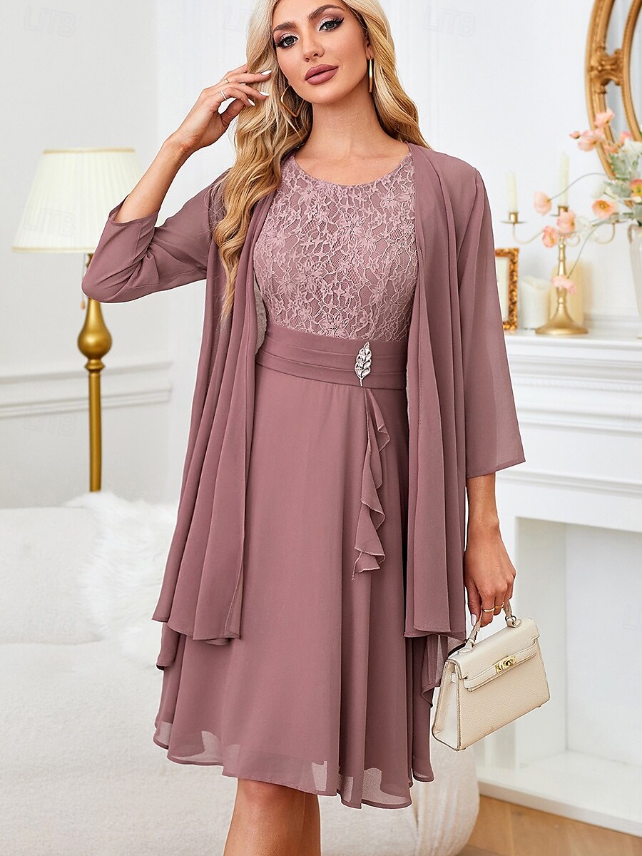 Gray Pink Lace Patchwork Chiffon Midi Dress