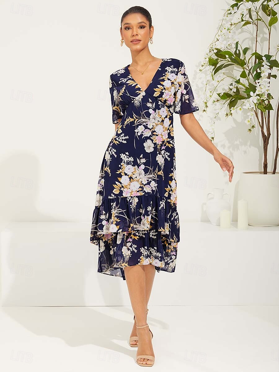 Floral Chiffon V Neck Ruffle Midi Dress