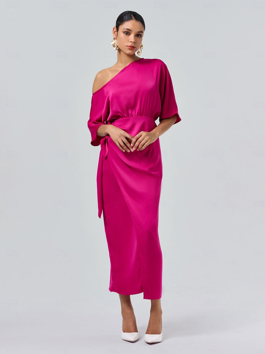 Satin Knotted Wrap Drop Shoulder Maxi Dress