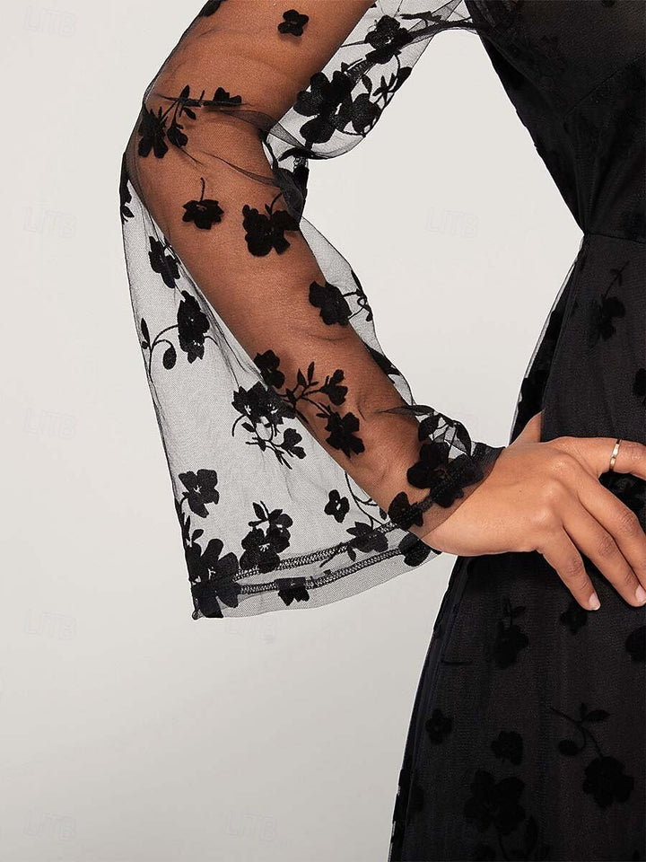 Black Floral Lace Sheer Sleeve Dress