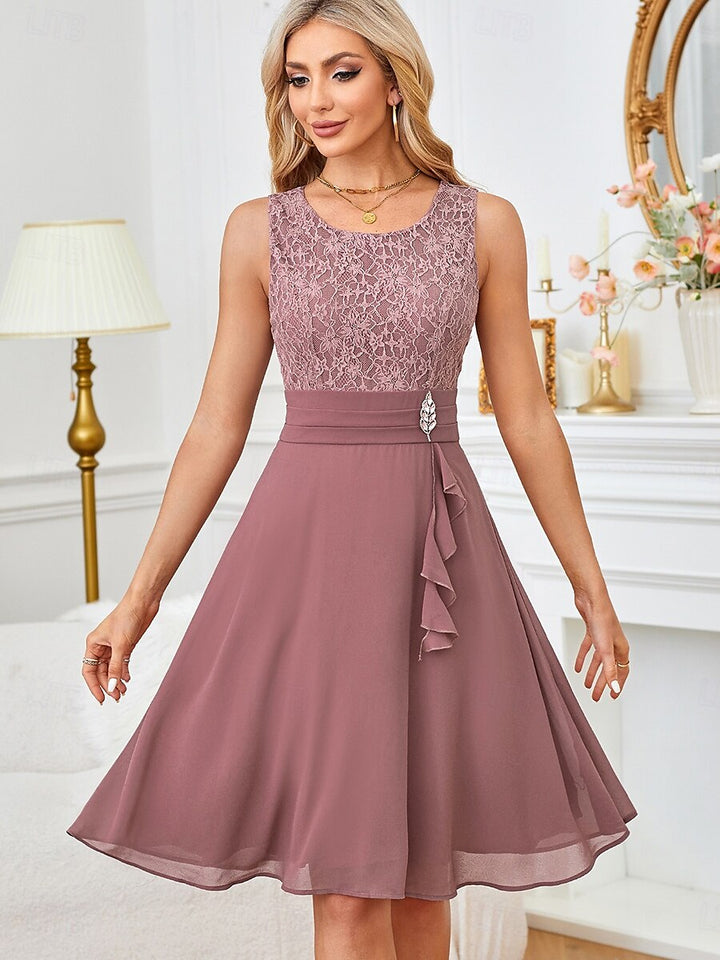 Gray Pink Lace Patchwork Chiffon Midi Dress