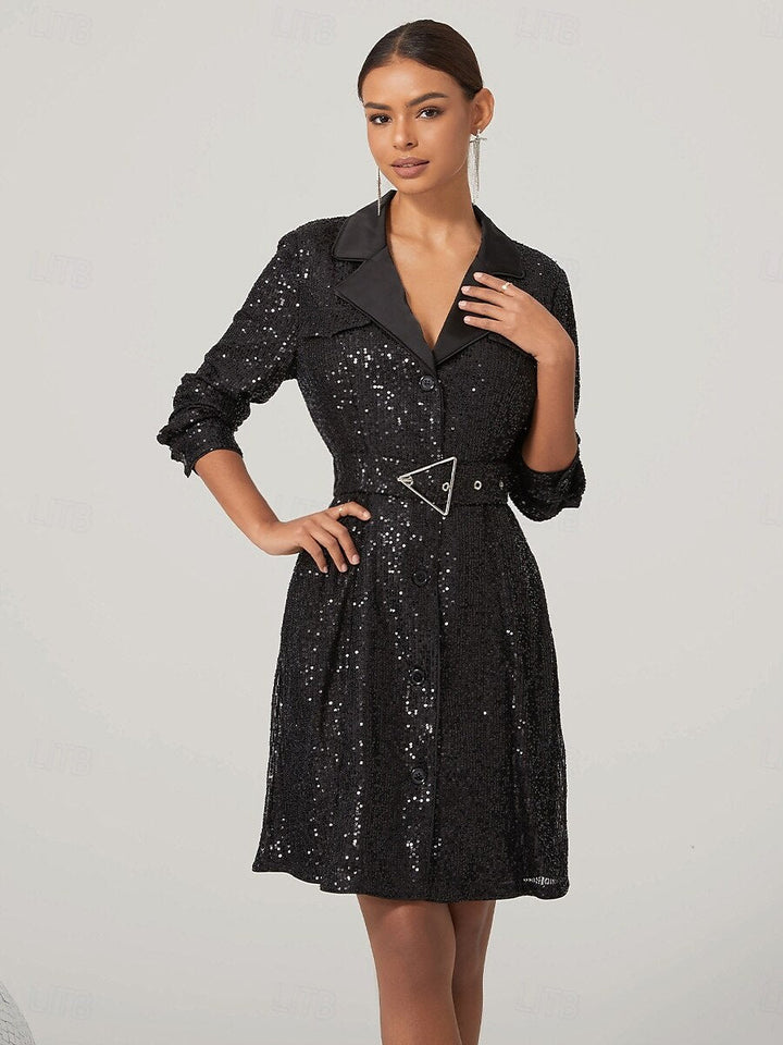 Black Sequined Shirt Collar Mini Dress