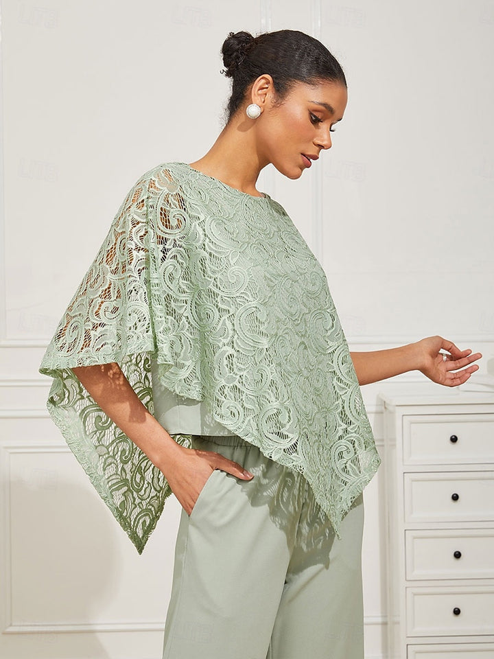 Lace Patchwork Half Sleeve Crew Neck Blouse