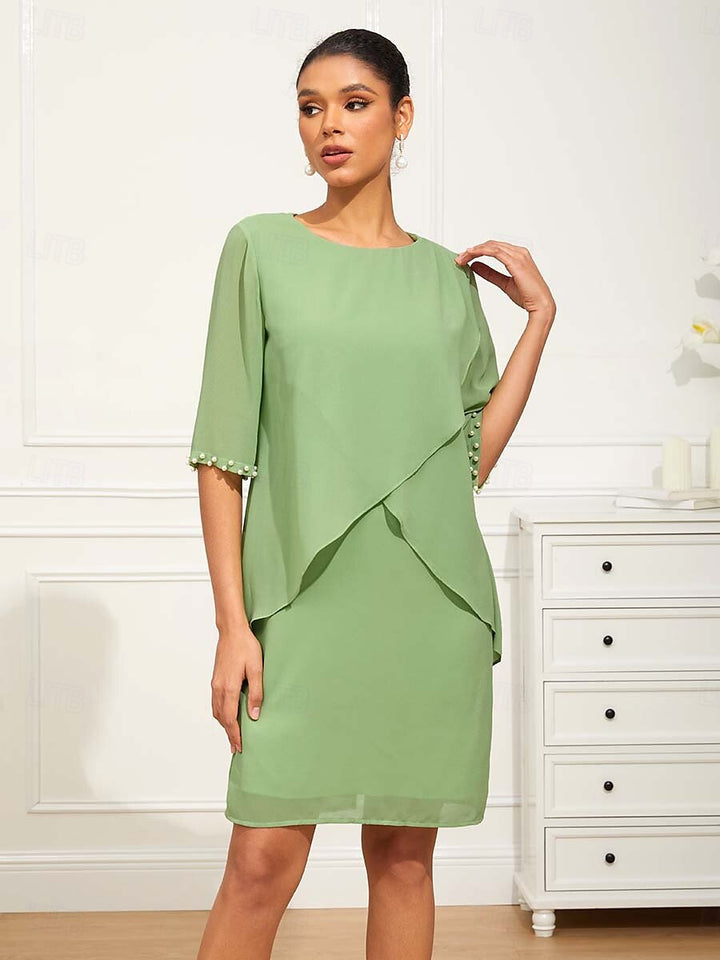 Asymmetrical Hem Crew Neck Chiffon Midi Dress